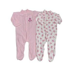 2 pc Vintage KENT Footed Sleepers Baby Girl Size Large Pink Penguin & Bears